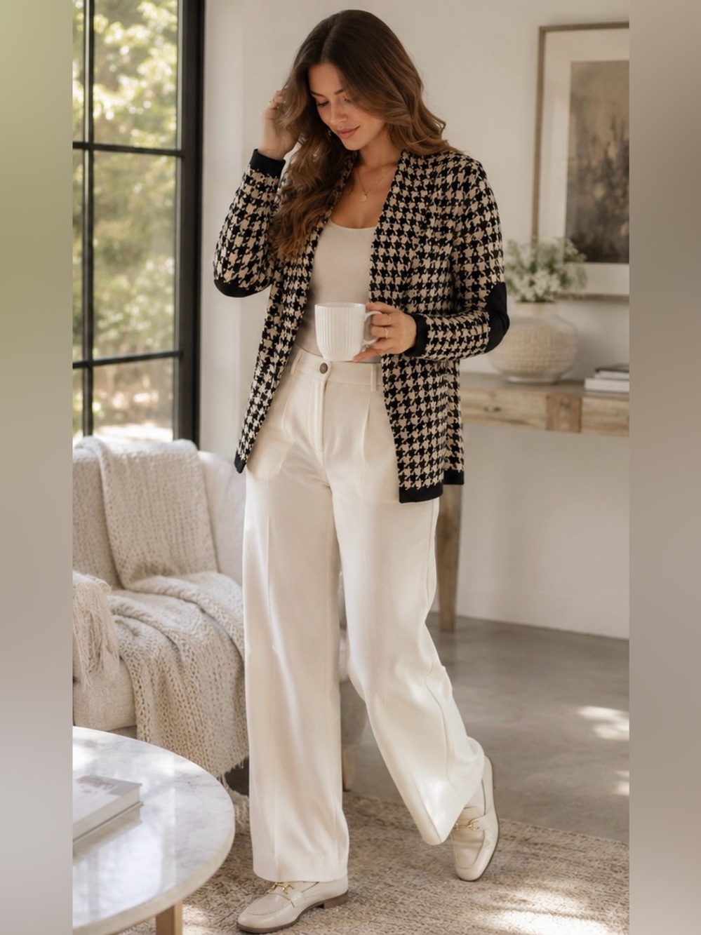 Anthropologie Chic Houndstooth Cardigan Preppy Lagenlook Sweater Elbow Patch, S - Picture 8 of 11